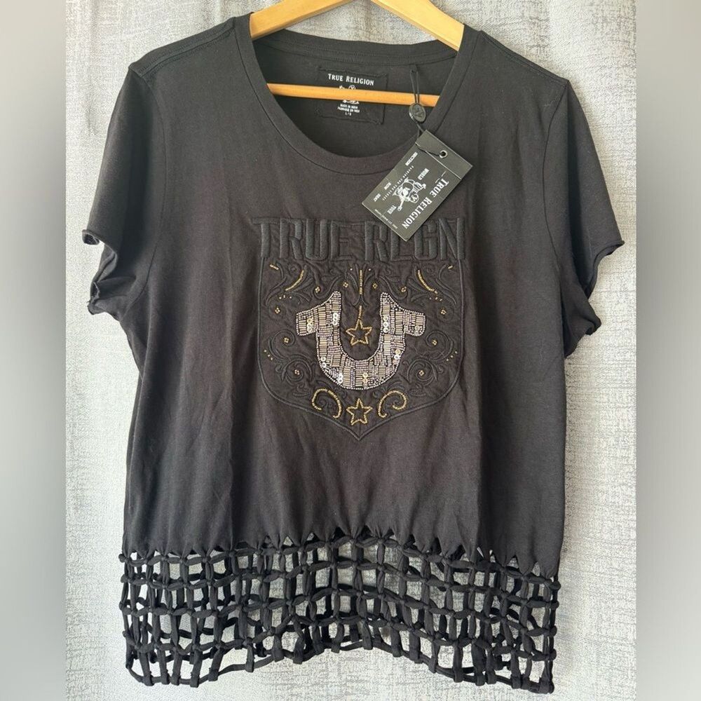 NWT True Religion Black Embellished Short Sleeve Tee - Size L (A172)